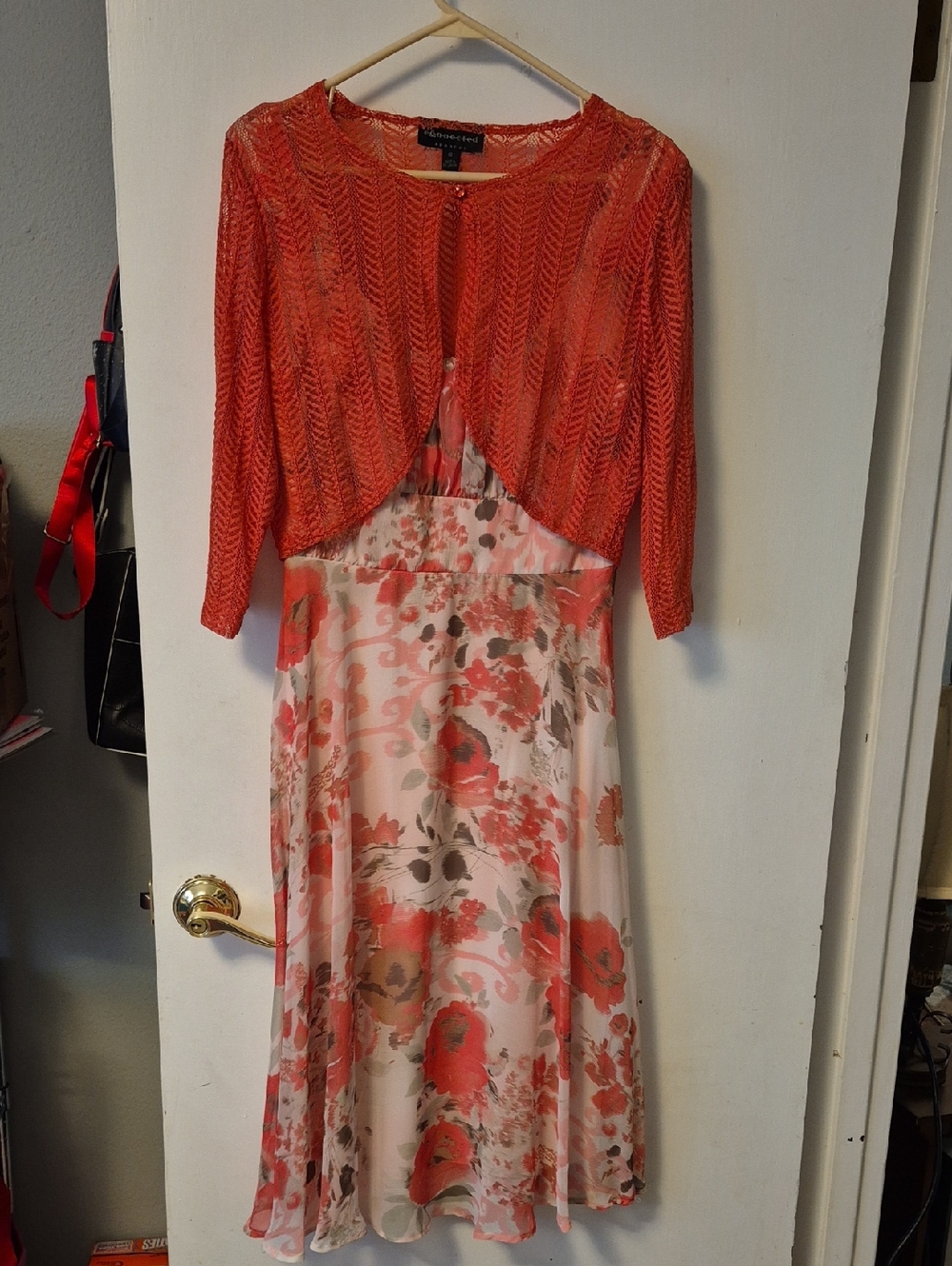 connected apparel Coral and Cream Floral Midi Dress with Crochet Bolero